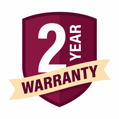 2 Year Warranty badge — burgundy shield with cream ribbon