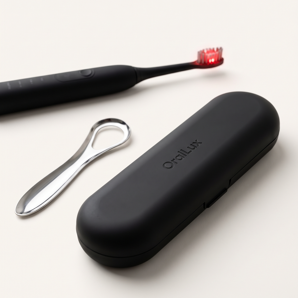 OralLux travel case and stainless steel tongue scraper with the toothbrush behind