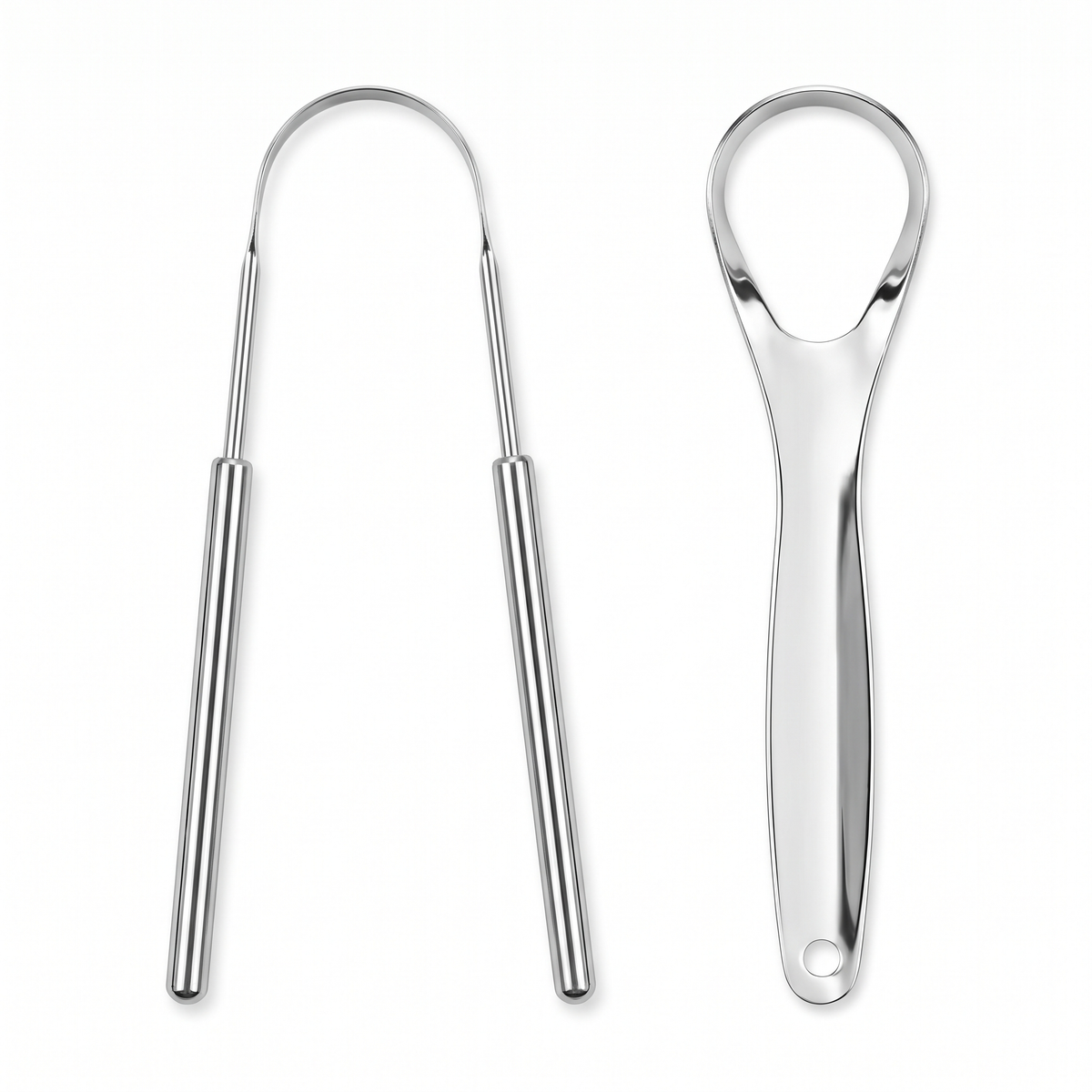 Two polished stainless steel tongue scrapers, U-wire and teardrop paddle styles, on white
