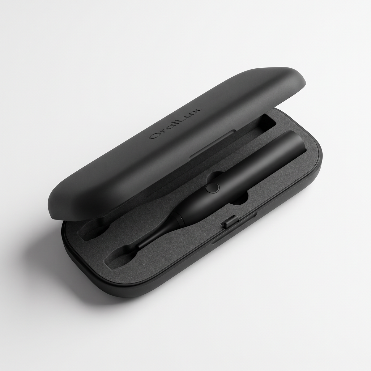 OralLux travel case open, showing contoured interior