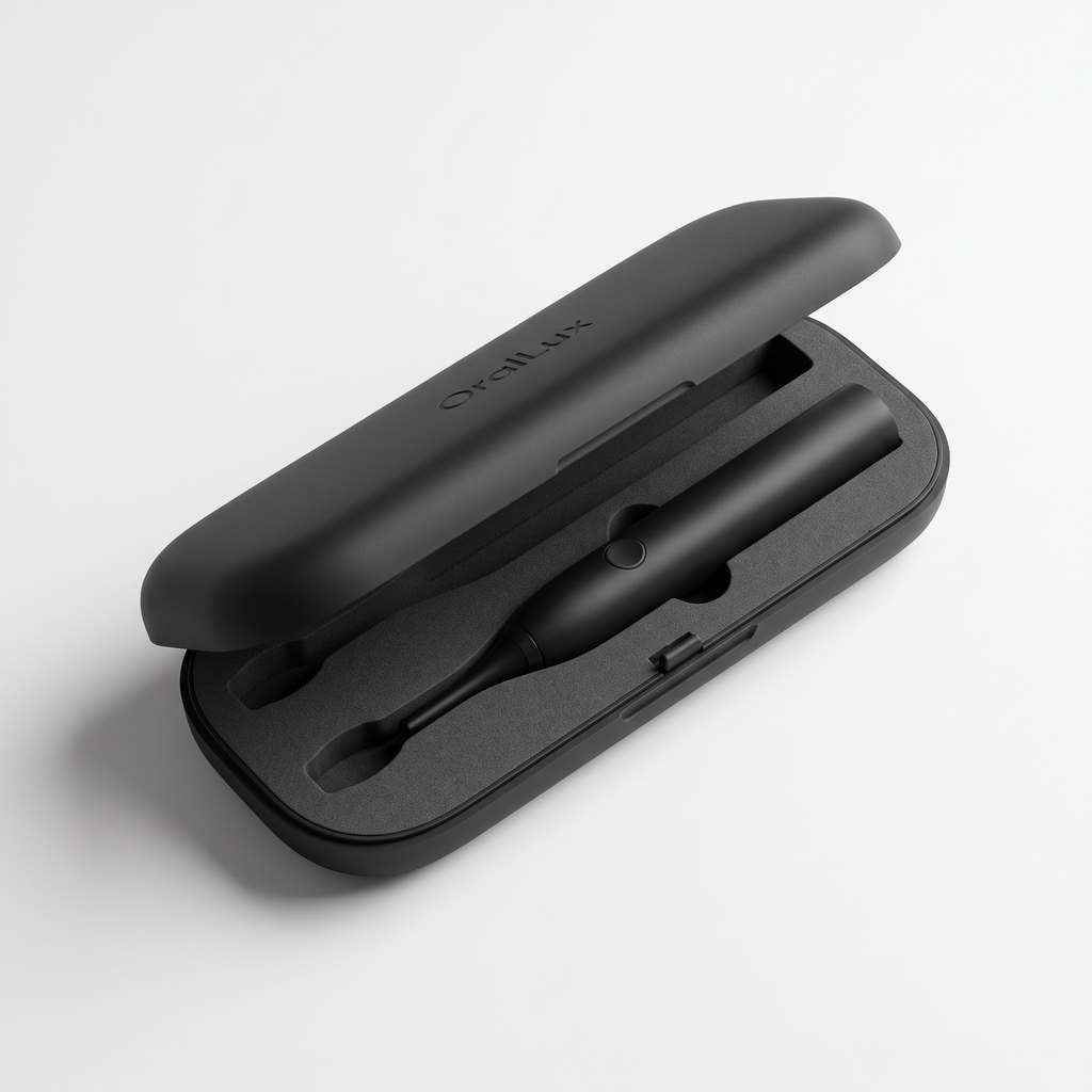 OralLux travel case open, showing contoured interior with the toothbrush handle seated inside