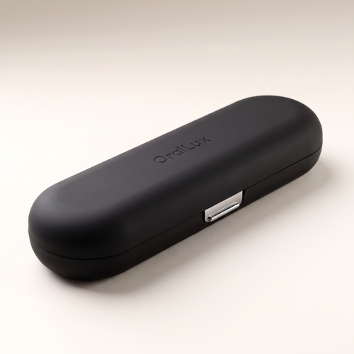 Closed matte black OralLux hard-shell toothbrush travel case