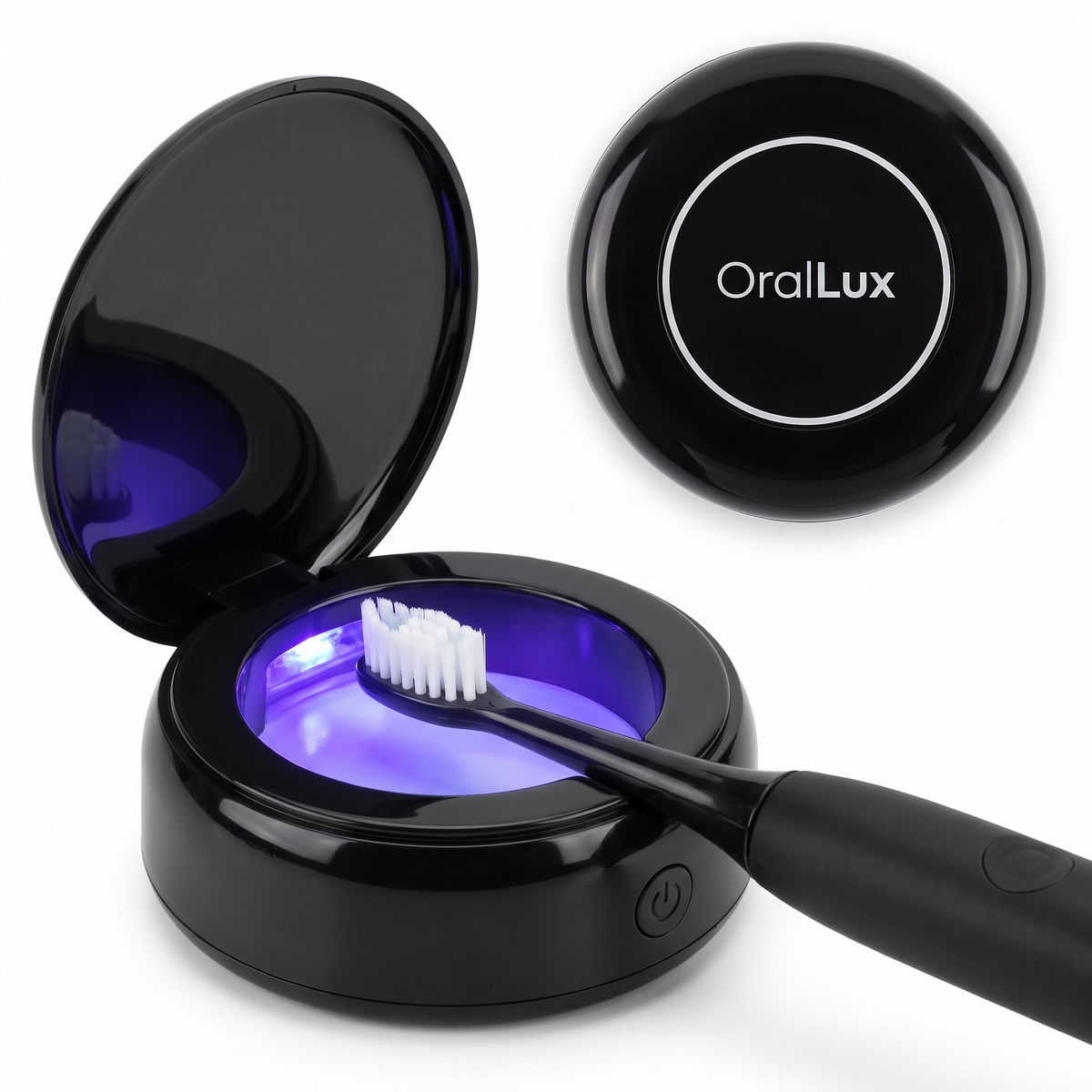 OralLux UV Drying and Sanitizing Dock in black, lid open with UV light on and a brush head inside